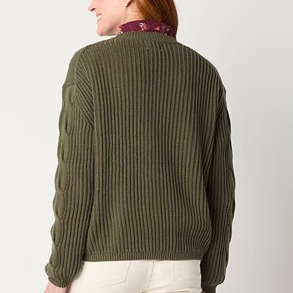 NWT St. John's Bay Womens V Neck Long Sleeve Button Cardigan, Olive - Picture 2 of 11